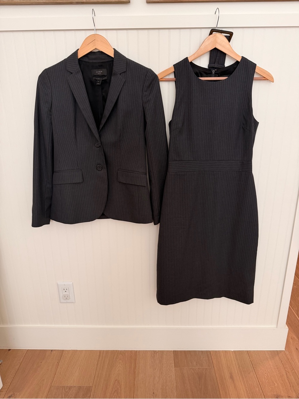 J Crew Super 120s Wool Grey Pinstripe Sheath Dress with Belt and Suit Jacket